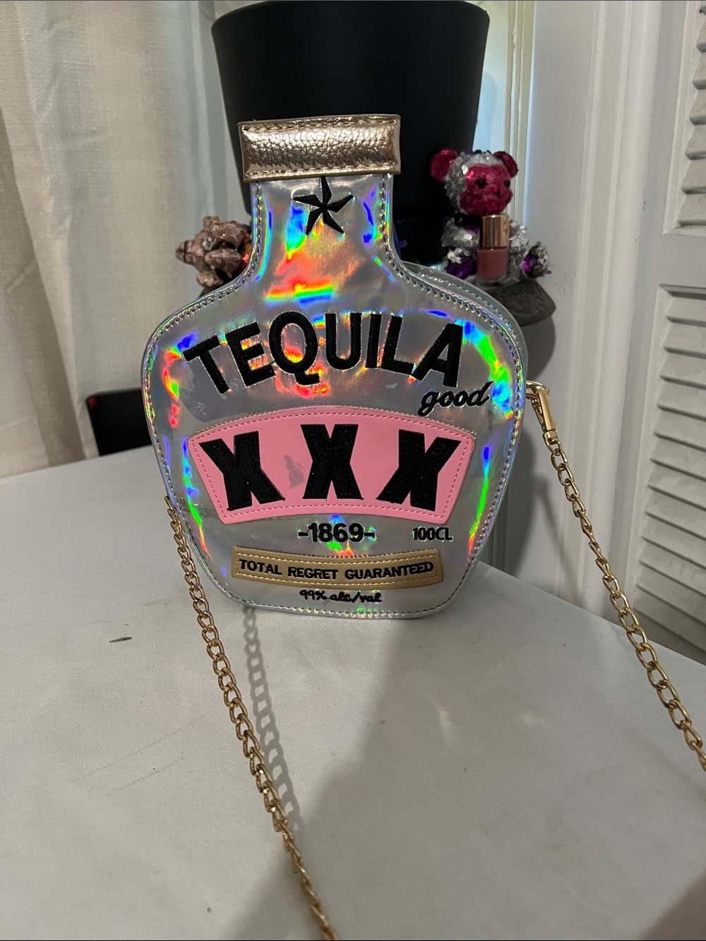 Holographic 'Tequila XXX' Crossbody Bag - Silver with Pink Accents